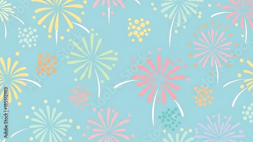 Seamless pastel fireworks pattern on a light blue background, festive and cheerful design.