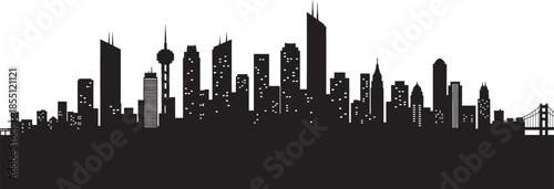 Modern city skyline silhouette urban landscape illustration with tall buildings and skyscrapers in black and white