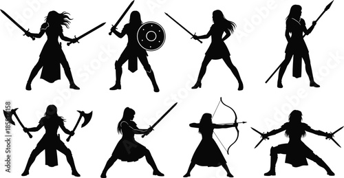 Collection of female warrior silhouettes in combat poses with swords, shields, spears, axes, and bows, showcasing strength, power, and battle readiness