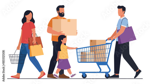  Family Shopping Together or Happy Buyers Illustration.