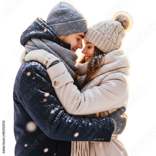 A tender embrace between a couple in a snowy winter wonderland. The falling snowflakes create a magical backdrop, as two lovers share an intimate moment. png transparent background