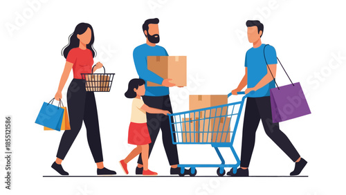  Family Shopping Together or Happy Buyers Illustration.