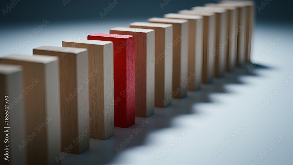 Obraz premium Standing out: a single red-topped block among uniform wooden blocks