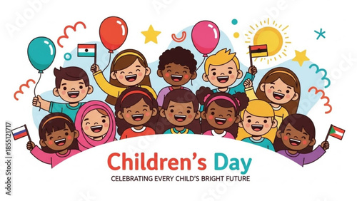 Diverse children celebrating children's day with balloons and flags, symbolizing unity and joy, kids of different ethnicities smiling and having fun together