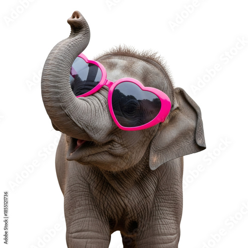 A charming elephant calf wears heart-shaped sunglasses, radiating cuteness and joy. Capture the playful spirit and endearing charm of this young animal. png transparent background