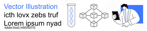 Biotechnology, innovation, blockchain systems, professional analysis, data transfer, scientific research. A DNA strand in a test tube, blockchain network, and a professional using a tablet