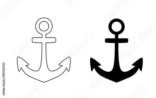 Nautical Anchor Icons Collection with Solid and Outline Variants. Flat Symmetrical Maritime Design for Branding, Graphics and Print Projects