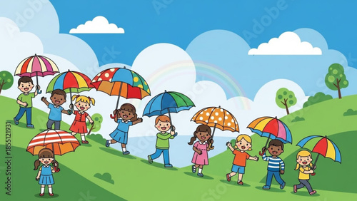 Diverse group of happy children playing with colorful umbrellas on a sunny green hill with blue sky and fluffy white clouds
