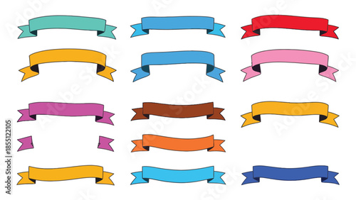 A collection of colorful, hand-drawn banners and ribbons are displayed.