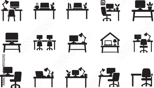 Workspace icon set vector EPS with office desk, computer, tools and productivity symbols, clean flat style.