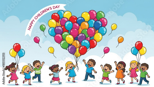 Happy children's day celebration with kids running and colorful balloons