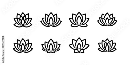 Collection of eight stylized lotus flower icons in black and white.