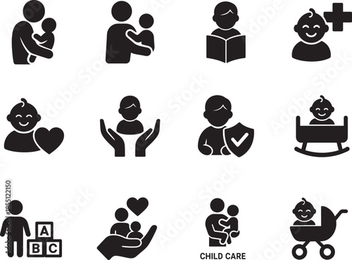 Child care icon set vector EPS with baby, nursery, parenting and education symbols, clean flat design.