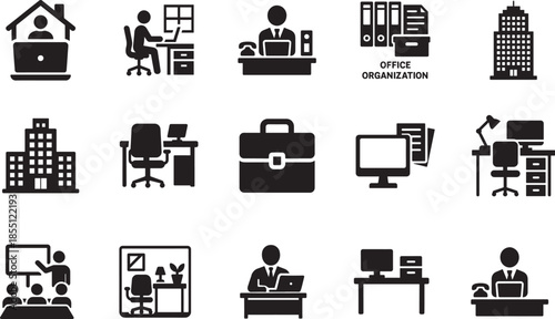 Office icon set vector EPS with modern business workspace symbols, clean flat design, editable and scalable.