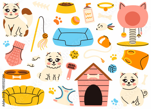 A set of toys for pets. Grooming products for dogs and cats.