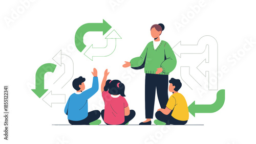 Teacher instructing children with recycling symbols in the background.