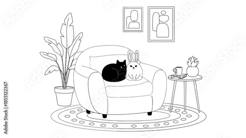 A black cat and a white bunny sit on a comfortable armchair.