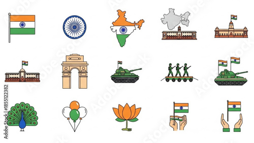 Indian National Symbols Collection Flat Line Icons Set Isolated on White