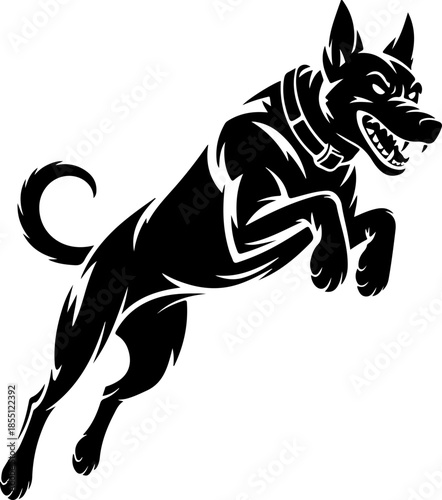Aggressive military dog leaping in attack silhouette vector illustration