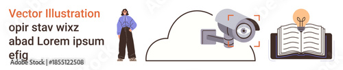 Security, cloud technology, knowledge sharing, education, personal identity, innovation. Features surveillance camera on cloud, open book with bulb and a standing person. Security and cloud