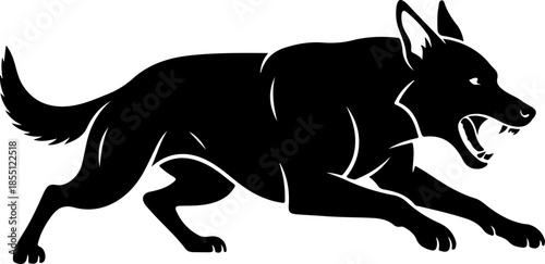 Aggressive military dog leaping in attack silhouette vector illustration