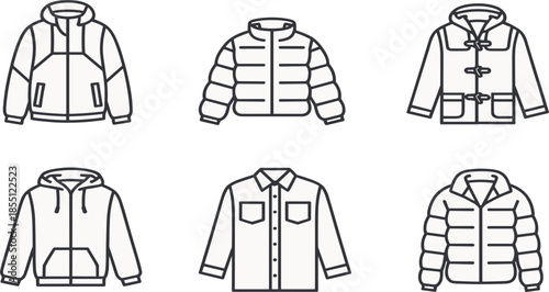 Winter Warm Clothes Line Icon Set: Jacket, Coat, Hoodie, Shirt, and Cold Weather Fashion