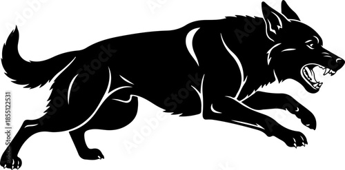 Aggressive military dog leaping in attack silhouette vector illustration