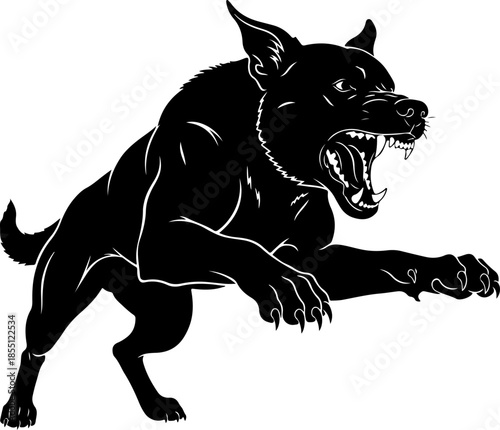 Aggressive military dog leaping in attack silhouette vector illustration
