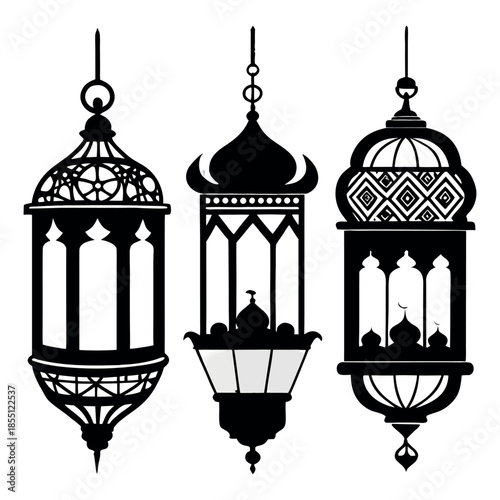 Minimal flat vector illustration of vintage street lamps, three glowing lamp posts on a small grassy base, warm yellow light, clean outlines, modern icon style, soft colors, white background