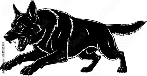 Aggressive military dog leaping in attack silhouette vector illustration