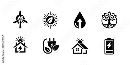 Renewable Energy and Sustainable Living Icons Set.