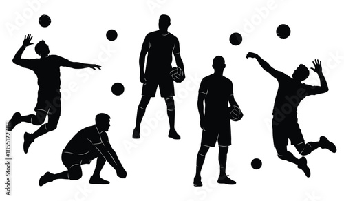Volleyball players vector silhouette set black and white illustration of athletes playing game with balls in action
