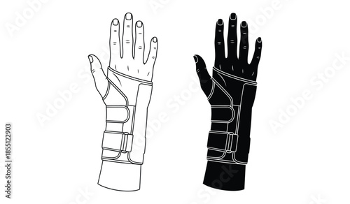 Wrist brace support vector illustration in black and outline variations for medical and sports injury recovery