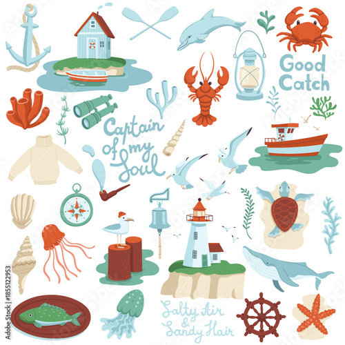 Vector set of hand-drawn illustrations with nautical symbols. Collection of elements of coastal life.