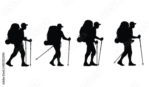 Set of black silhouettes of hikers with backpacks and trekking poles, people walking on trail, isolated on white background