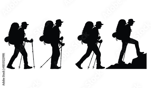 Set of black silhouettes of hikers with backpacks and trekking poles in various walking poses against a clean white background