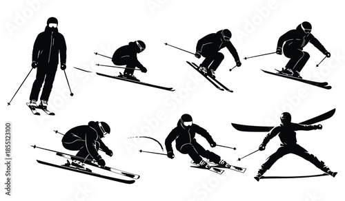 Set of black silhouettes of skiers, collection of winter sports athletes for design isolated on a white background