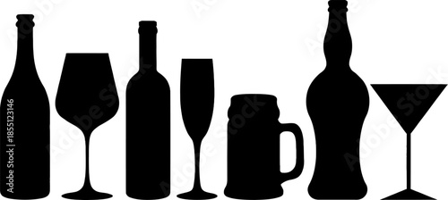 Elegant vector silhouette collection featuring diverse alcoholic beverage bottles and drinking glasses, perfect for bar and pub menu designs or any drink-related project