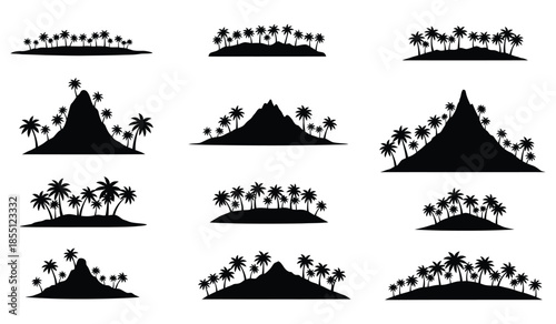 Set of black tropical islands silhouettes with palm trees, vector elements for design, nature landscapes and paradise places