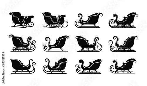 Set of christmas sleigh silhouettes isolated on white background, vintage santa claus sledge collection for winter holiday designs