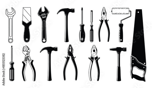 Set of construction tools black and white silhouettes isolated, collection of carpentry and household repair instruments