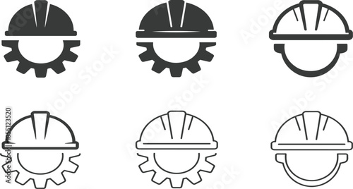 Construction Worker Hard Hat Gear Icon Set: Industrial Safety, Engineering, Labor, and Manufacturing Symbol