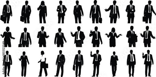 Silhouettes of business people in suits with various poses and gestures ties