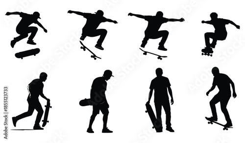 Set of eight skateboarder silhouettes vector illustration collection isolated on white background with various dynamic poses