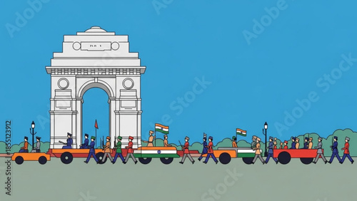 India Gate parade with people and vehicles flat vector illustration for travel and cultural themes i