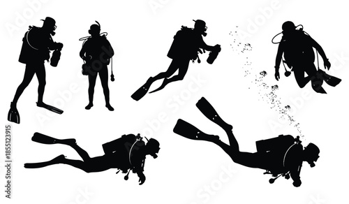 Set of scuba divers black silhouettes isolated on white background, group of underwater swimmers with diving equipment vector illustration