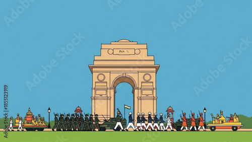India Gate parade illustration Republic Day celebration New Delhi landmark vector art for travel and