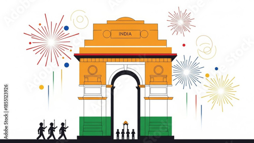 India Gate monument with fireworks flat vector illustration for travel and national celebration isol