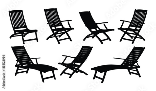 Set of seven isolated folding garden chairs and sun loungers in black silhouette style, outdoor furniture for relaxation and comfort