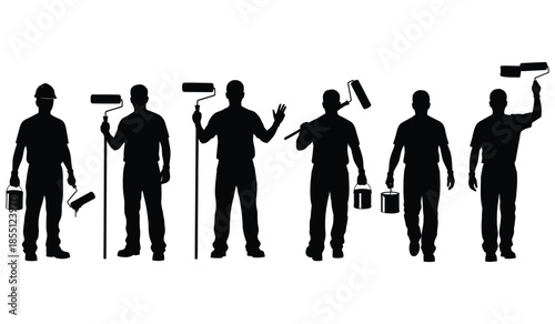 Set of seven painter silhouettes with tools vector illustration collection isolated on white background various poses
